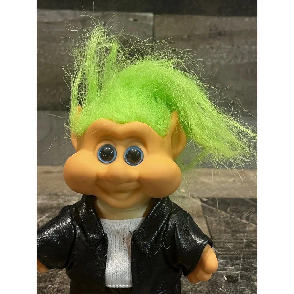 Vintage 1991 ITB Troll Doll Neon Green Hair Biker Faux Leather Jacket Blue Eyes
